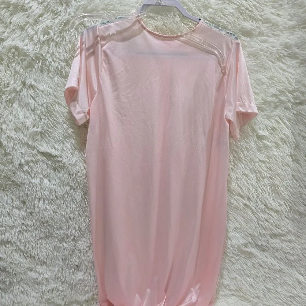 Vintage Made Isn USA Long Nylon Pink Nightgown Button-Up Lace Embroidery Trim L